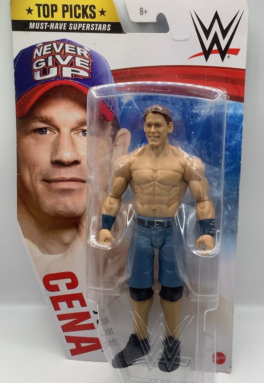 WWE Basic Top Picks John Cena Action Figure Blue Jorts Never Give Up Cap New